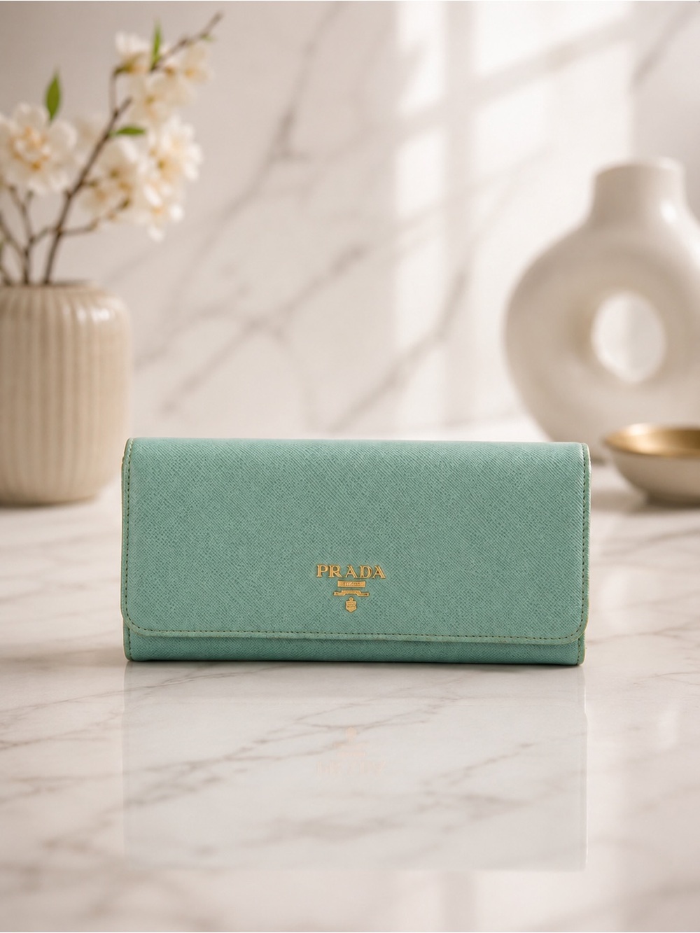 Prada Saffiano Leather Long Wallet – Turquoise | Gold Logo | Box Included